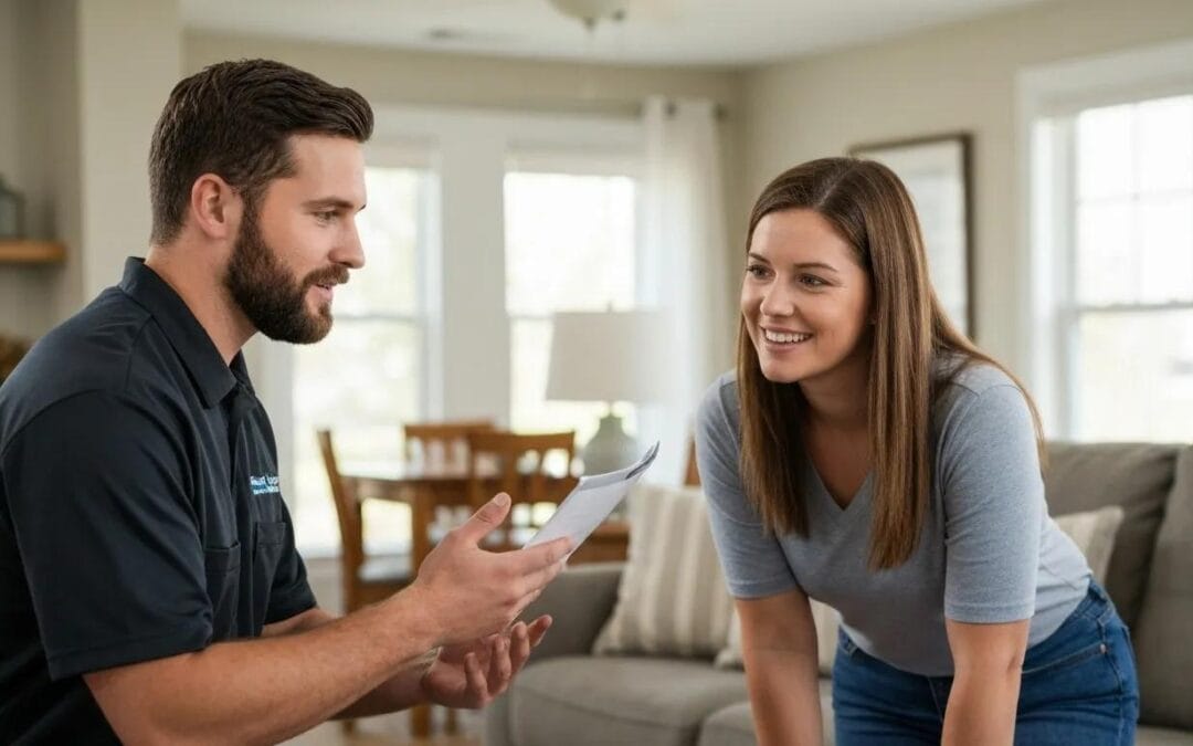 HVAC technician discussing options with a homeowner in a cozy living room, emphasizing trust and community