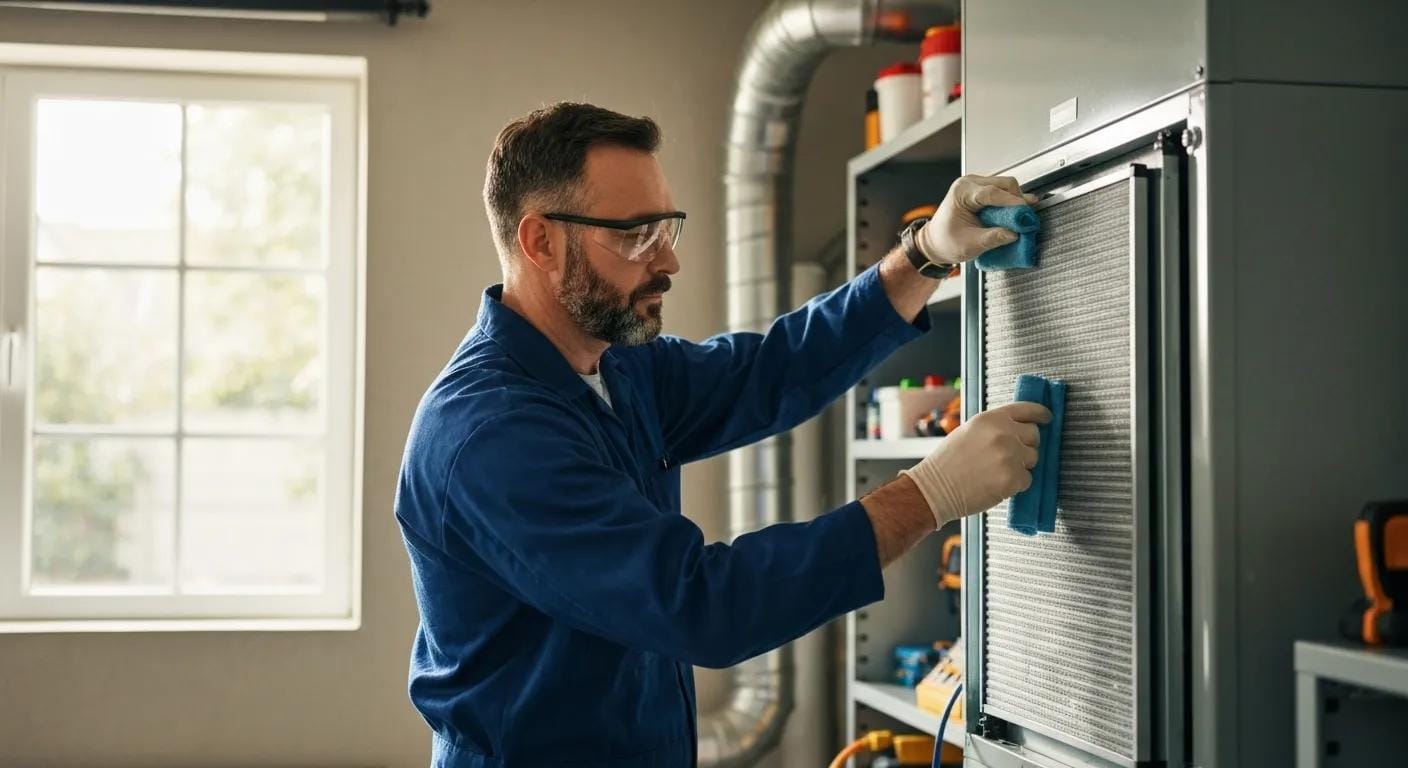 A skilled technician performing HVAC maintenance, ensuring your system runs efficiently by cleaning filters and checking coils.