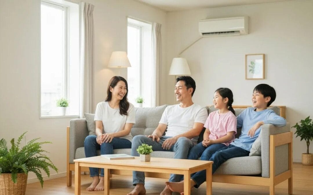 A happy family enjoying fresh, clean indoor air in their bright living room, highlighting the health and comfort benefits of HVAC maintenance